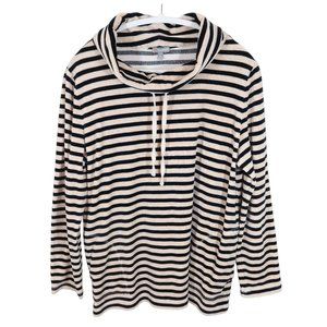 T BY TALBOTS Tan Black Stripe Velour Cowl Pullover Top Size 1X Casual Athleisure